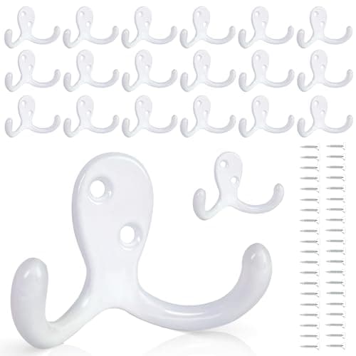 10 Pack Heavy Duty Wall Hooks for Coats, Bags, and Towels - Metal Double Prong (Black) — White-20pack