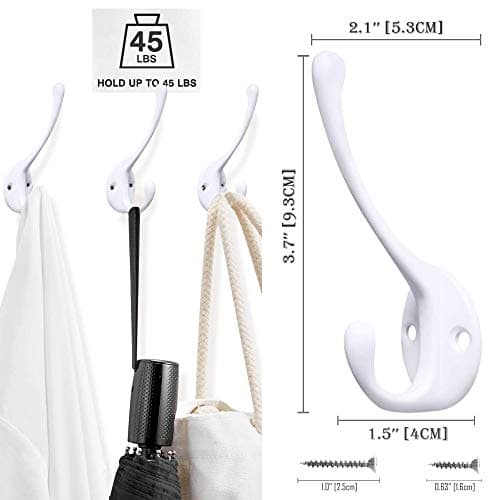 10 Pack Heavy Duty Dual Coat Hooks - Wall Mount with 40 Screws