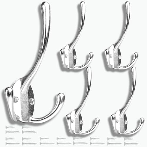 5 Pack Heavy Duty Black Wall Mount Coat Hooks Decorative for Bath and Kitchen — Silver