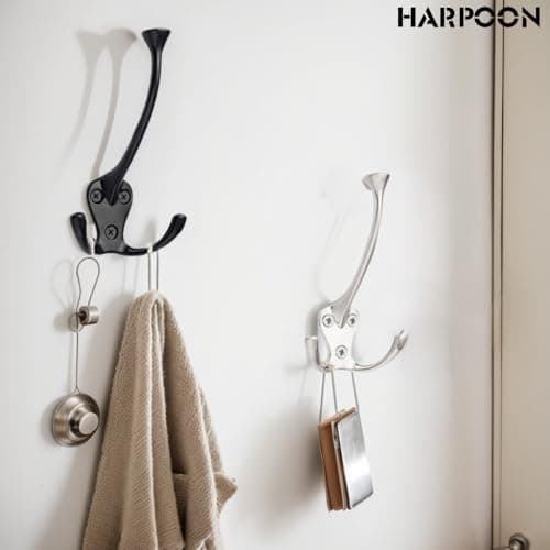 HARPOON 5 Pack Heavy Duty Three Flared Prongs Coat Hooks, Black