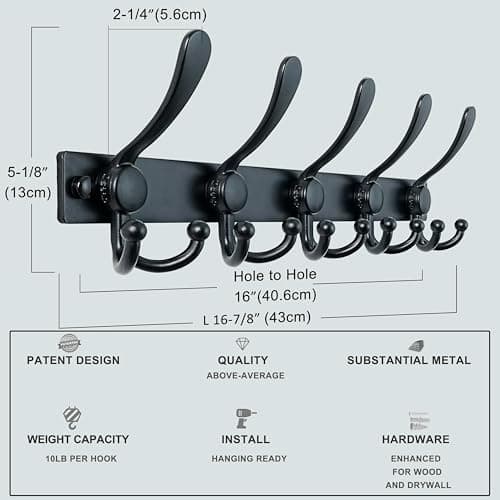 MaxStrong 2.0 Pro Heavy Duty Coat Rack | Wall Mount Entryway Hanger | Stainless Steel | Black