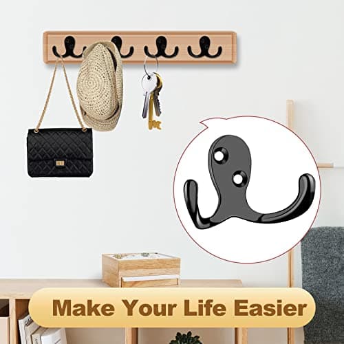 20 Pcs Heavy Duty Double Prong Coat Hooks with Screws for Bathroom Kitchen Entryway (Black)