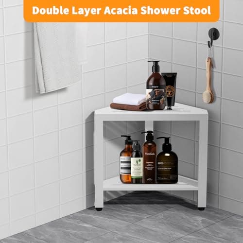 White Acacia Wood Shower Foot Rest with Storage - 15" Stool for Legs