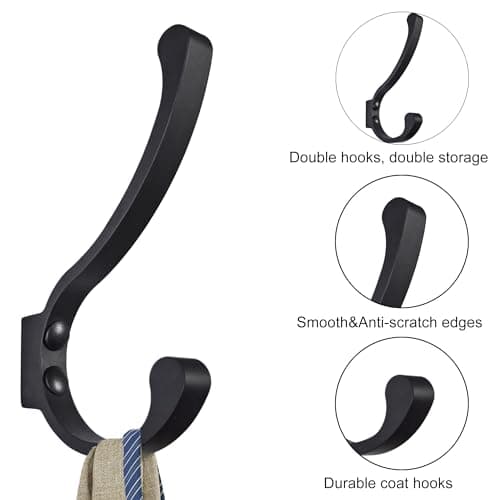 Heavy Duty Black Wall Hooks for Coats, Scarves, Bags, Towels (6 Pack)
