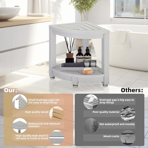 Magam Waterproof Teak Shower Stool with Storage & Non-Slip Feet (Gray)