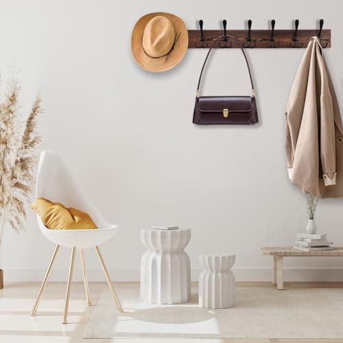 Large Wall Mount Coat Rack with 8 Triple Hooks - Brown Pine Wood Plank Hat Rack for Coat, Hat, Jacket