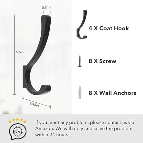 4 Pack Large Black Wall Hooks for Heavy Duty Coats and Bags