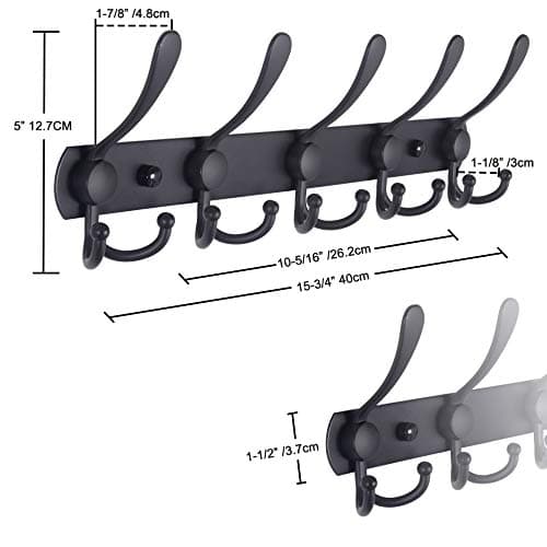 Wall Mounted Coat Rack with 5 Tri Hooks - Stainless Steel, Heavy Duty (Black, 2 Packs)