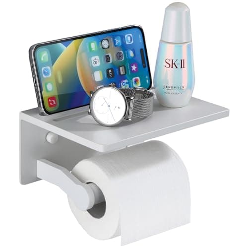 Rustproof Black 3M Adhesive Toilet Paper Holder with Phone Shelf — Matte White