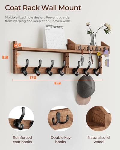 Tatub 29" Wall Mount Coat Rack with Shelf & 7 Hooks & 4 Key Hangers, Wood Organizer for Living Room, Bedroom, Bathroom