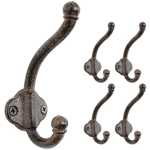 Vintage Bold Antique Black Cast Iron Wall Hooks, Heavy Duty, Pack of 5 — Brown