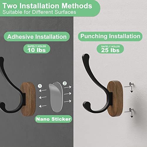 4 Pack Wood Wall Hooks for Coats, Hats, Keys & Towels