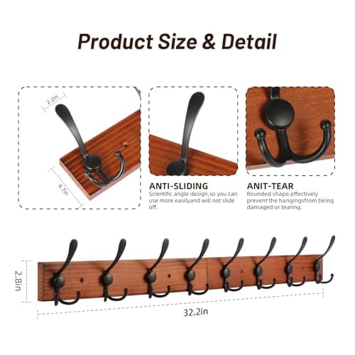 Rustic Large Coat Rack with 8 Triple Hooks, Heavy Duty Wood Wall Mount