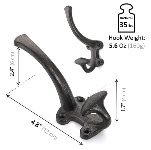 Ambipolar Vintage Antique Black Heavy Duty Double Wall Hooks, 5-Pack Mudroom Coat Rack