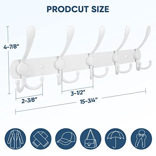 TICONN Wall Mount Coat Rack, 2-Pack White, 5 Heavy-Duty Hooks