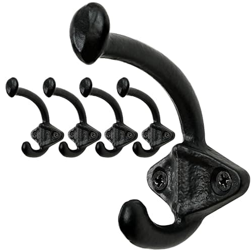 Skoolo Black Cast Iron Wall Hooks, Pack of 5 - Farmhouse Style, Dual-Direction Hanger