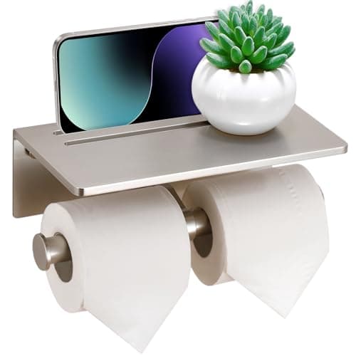 Rustproof Black 3M Adhesive Toilet Paper Holder with Phone Shelf — Brushed Nickel-2 Roll