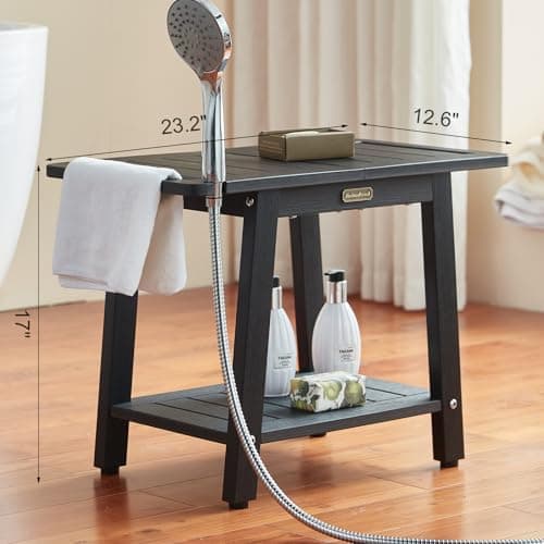 HDPS Waterproof Shower Bench Seat with Handles & Holder, Black Non-Slip Foot Rest