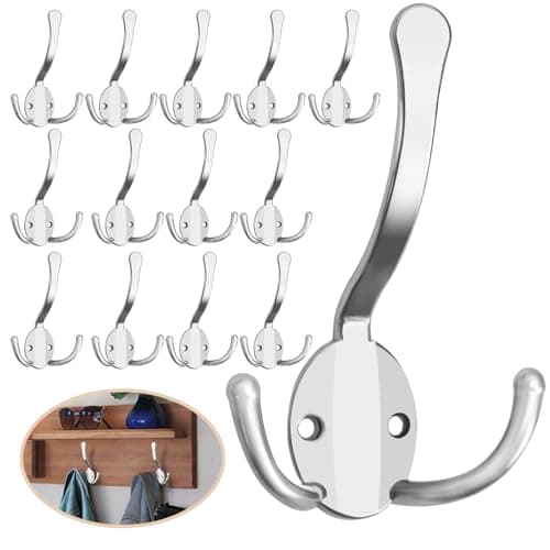Heavy Duty 8 Pack Metal Coat Hooks, Large Prongs for Hanging Towels, Coats, Scarves - Rustproof White — 14 Pcs Silver