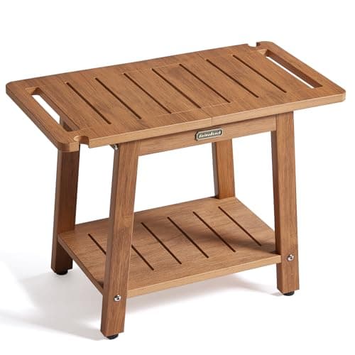 HDPS Waterproof Shower Bench Seat with Handles & Holder, Black Non-Slip Foot Rest — Brown