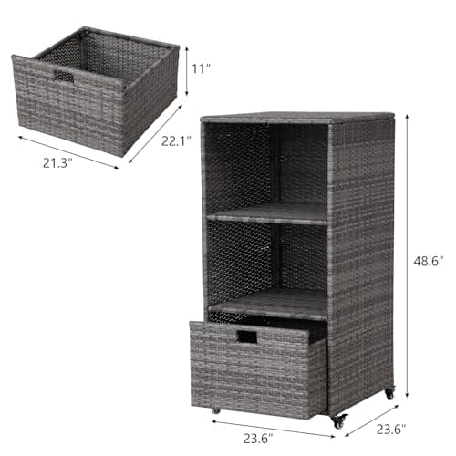 Kinfant Waterproof PE Rattan Towel Rack with Rolling Wheels, 2 Shelves, 1 Drawer, for Pool Patio