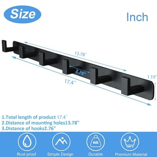 Heavy Duty 6-Hook Stainless Steel Coat Rack, Black, Bathroom & Kitchen Storage