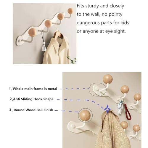 Anti-Tear Wood Ball Hook Rail, Heavy Duty Metal Coats Hanger, 1 Pack (4 Tri Hooks)