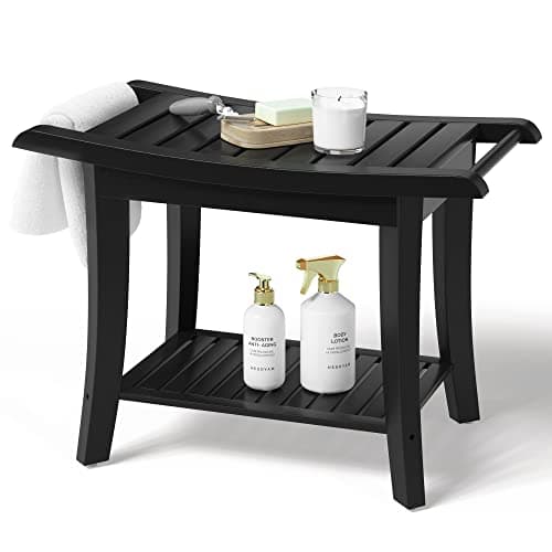 Waterproof Black Bamboo Shower Bench with Storage - Space-Efficient Spa Seat for Bathroom