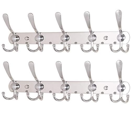 Wall Mounted Coat Rack with 5 Tri Hooks - Stainless Steel, Heavy Duty (Black, 2 Packs) — Chrome Finish