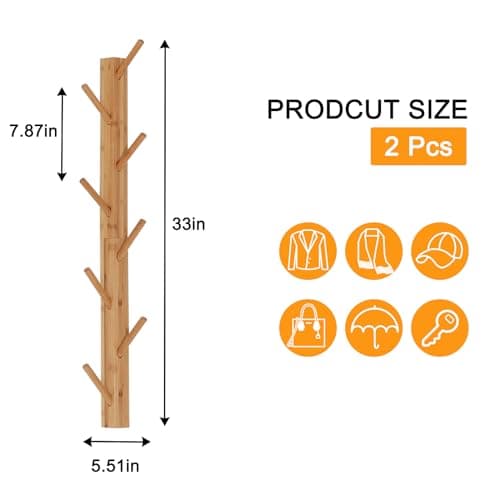 2-Pack Natural Bamboo Wood WallHooks 8-Coat Rack Entryway
