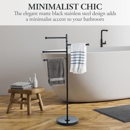 MyGift 4ft Tall Matte Black Metal Towel Holder with 4 Swivel Bars