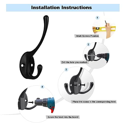 Kruodop 4Pcs Heavy Duty Black Wall Hooks for Coats, Handbags, Towels