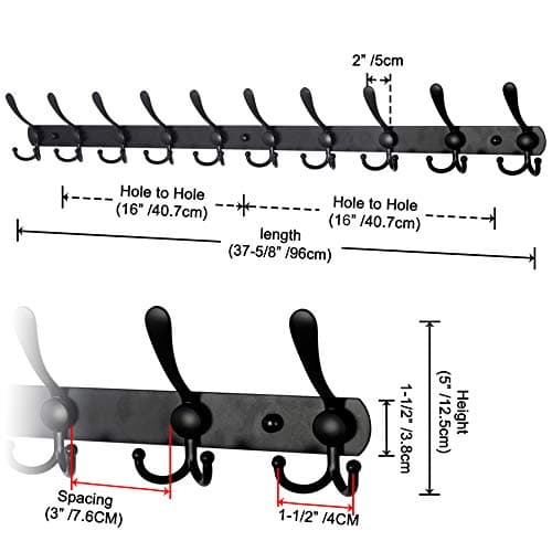 Black 10-Tri-Hook Heavy Duty Coat Rack for Wall Mount