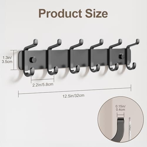 Pickpiff Heavy Duty Black Coat Hook Rail with 6 Dual Hooks for Mudroom, Entryway, and More