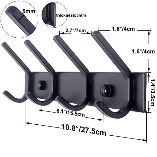 4-Coat Hook Wall Mount Coat Rack, Heavy Duty Metal, C-CBG04 Black