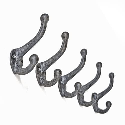 5-Pack Ambipolar Heavy Duty Cast Iron Wall Hooks - Rustic Antique Black for Mudroom and More