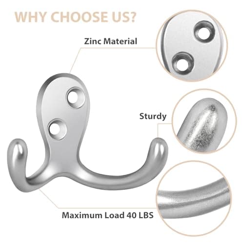 Heavy Duty 34 Pack Silvery Metal Coat Hooks with 68 Screws