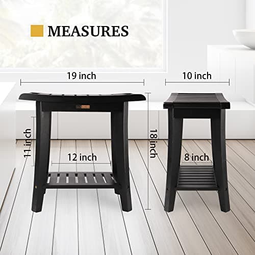 Waterproof Black Bamboo Shower Bench with Storage - Spacious for All Ages