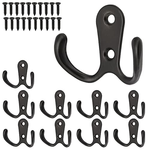 Heavy Duty Double Prong Wall Mount Coat Hooks (10 Pack, Black)
