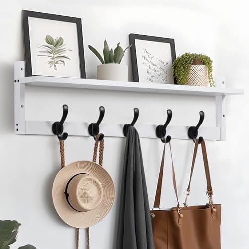 Tatub 29'' Rustic Brown Coat Rack with 5 Hooks & Shelf — White