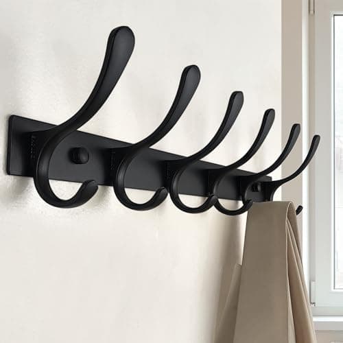 SKOLOO Wall-Mounted Coat Rack - 6 Heavy-Duty Stainless Steel Hooks, Black