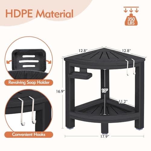 HDPE Leg Shaving Shower Stool with Hooks & Dish (Black)