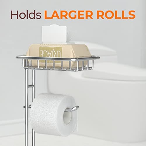 Shiny Chrome Toilet Paper Holder with Shelf for Storage and Phone/Wipe Holds Mega Rolls