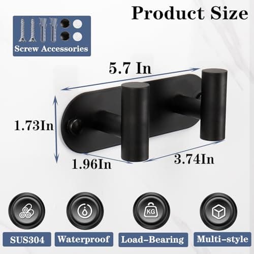 Matte Black Wall Mount Coat Rack with 2 Hooks & Stainless Steel Hangers