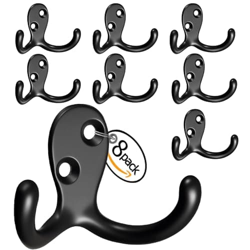 Heavy-Duty 8-Pack Double Prong Metal Wall Hooks - Black (Living Room, Bedroom, Kitchen, Bathroom, Closet)