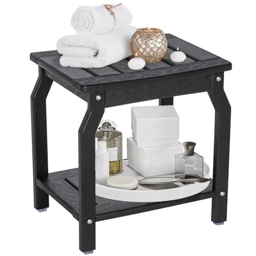 Ergonomic Black HDPE Shower Bench with Storage, Non-Slip Pads for Seniors & Adults
