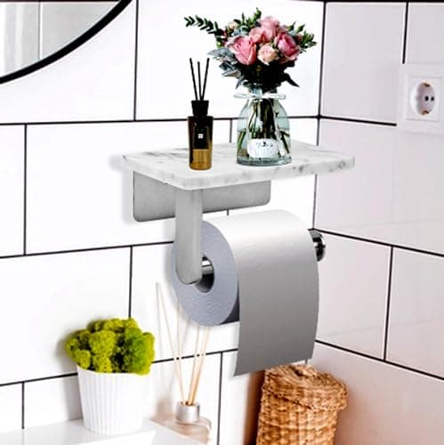 Brushed Nickel Natural Marble Toilet Paper Holder, Wall Mounted for Bathroom Washroom