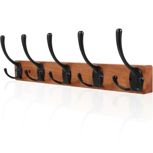 Wall Mounted Coat Rack with 5 Hooks, Wooden and Metal Design for Entryway