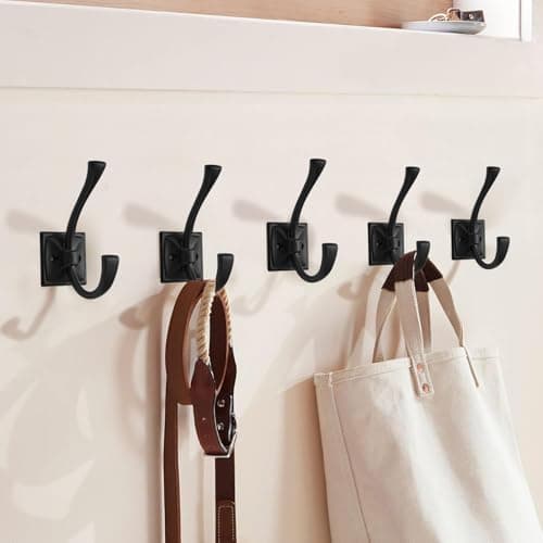 5 Pack Matte Black Wall Hooks for Coats, Towels, Bags - 4.35 Inch Double Robe Hooks
