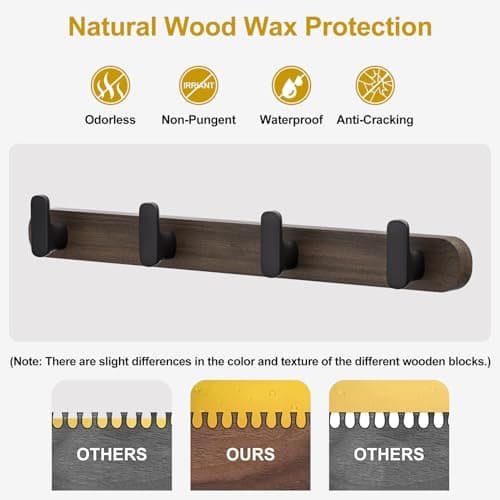 Solid Walnut Wall Mount Coat Rack with 4 Heavy Duty Hooks